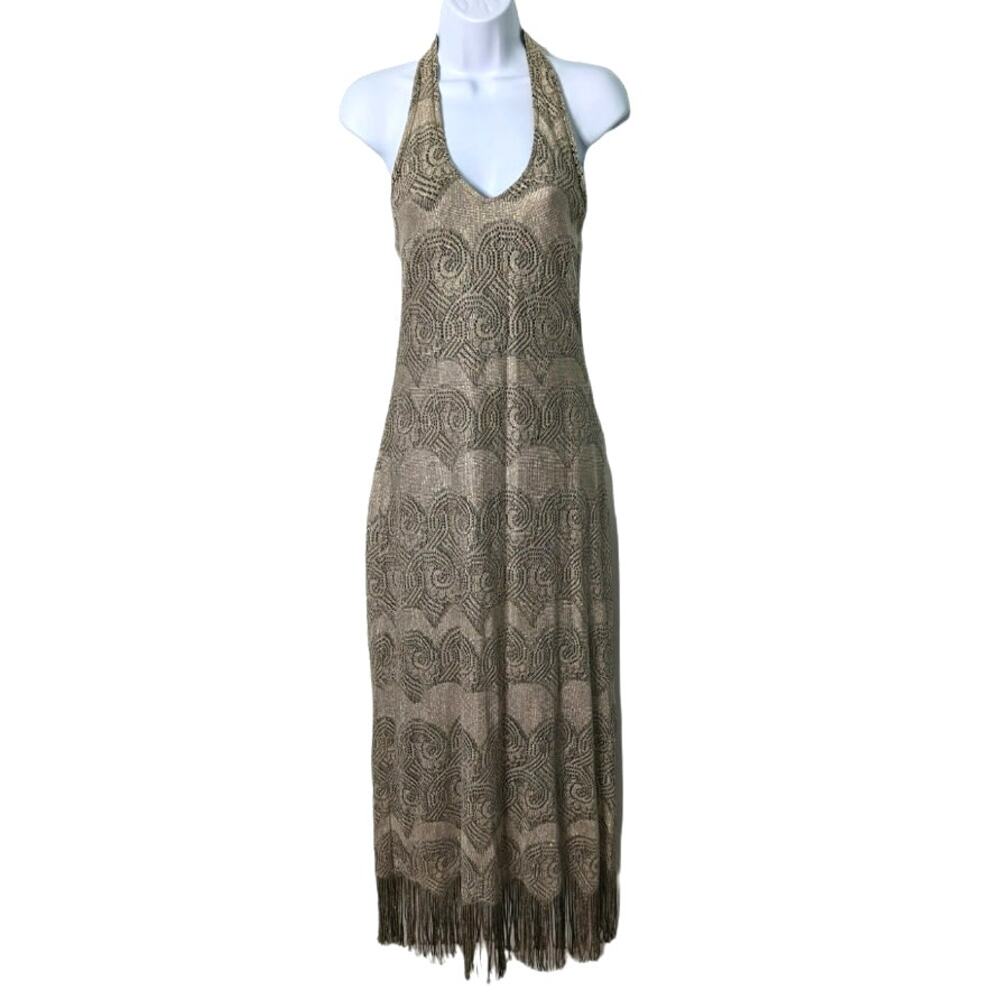 Vintage 90's Y2K Alexandra Lee Halter Maxi Dress Crochet Metallic Fringe Fitted